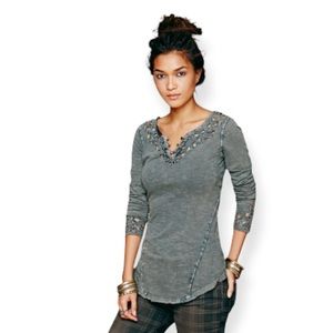 Free people medium Blue Luna top acid wash tunic green cut out floral embroidery